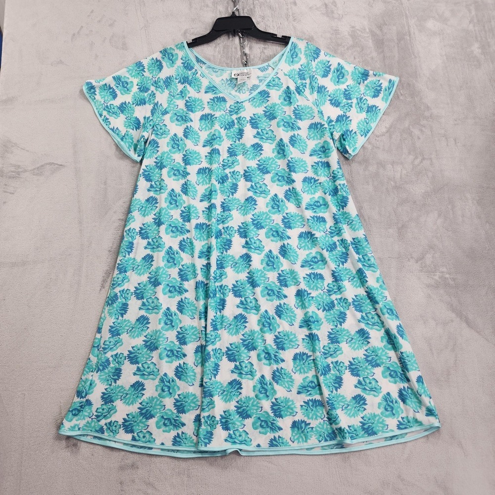 Vintage Cozee Corner Sleepshirt Womens XL Blue Floral Silky‎ V-Neck Nightgown